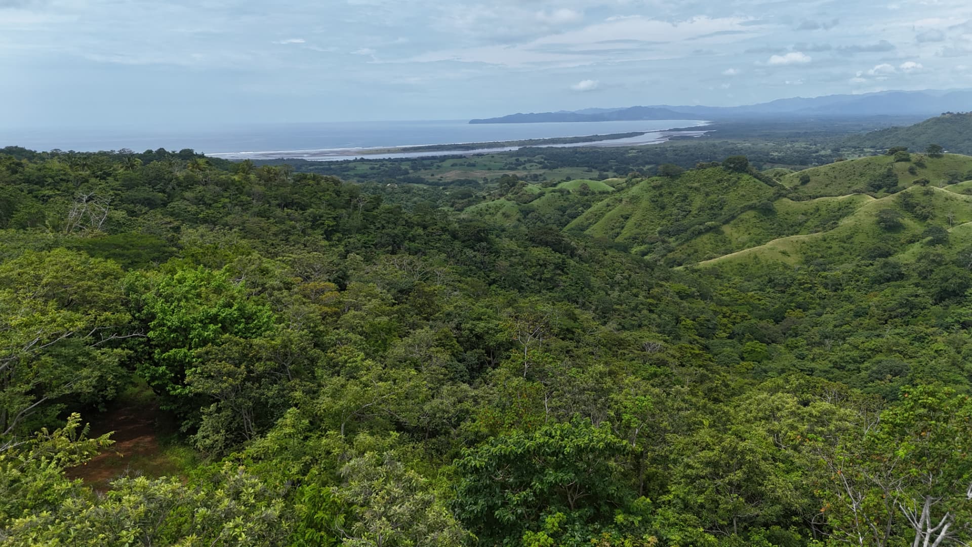 Elevated view across the Cañas Horizon land toward Isla Cañas and the Pacific Ocean in Panama